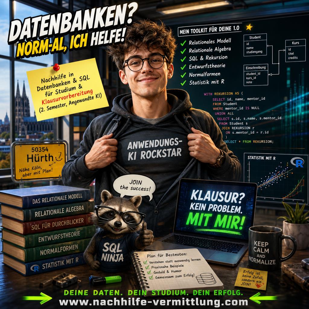Nachhilfe Datenbanken, SQL, Statistik, R, Relationales Modell, Relationale Algebra, Entwurfstheorie, Normalformen Hürth